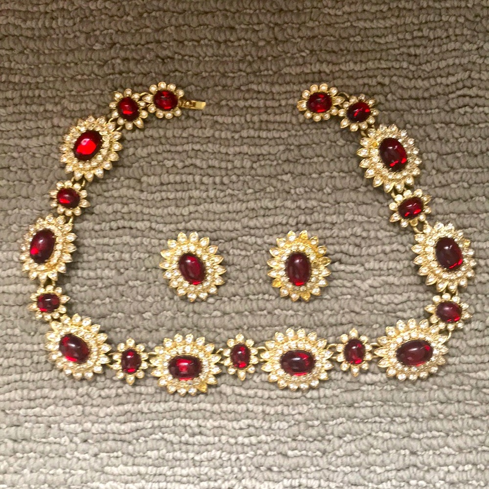 Scaasi Fashion Statement gold w/faux rubies necklace & matching pierced earrings